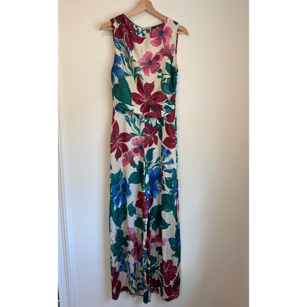 NWT ZARA Woman Long Floral Print Satin Wide-Legs Jumpsuit, Poly/Satin, Size S